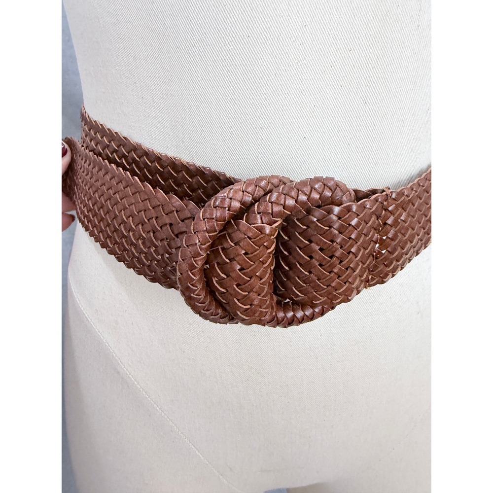 Ann Taylor Woven Faux Leather Wide Belt Double Ring Buckle‎ Brown NWOT XS/S